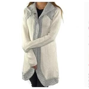 Prana Women's XL Cream Gray Angelica Duster Long Button Cardigan Cable Knit Snap